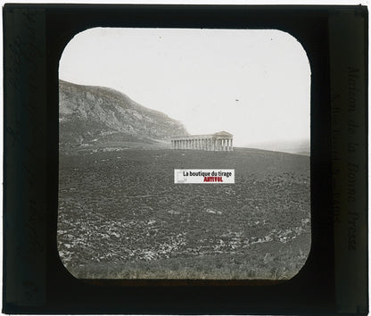 Temple de Ségeste, Sicile, photo plaque verre, noir & blanc, positif 8,5x10 cm