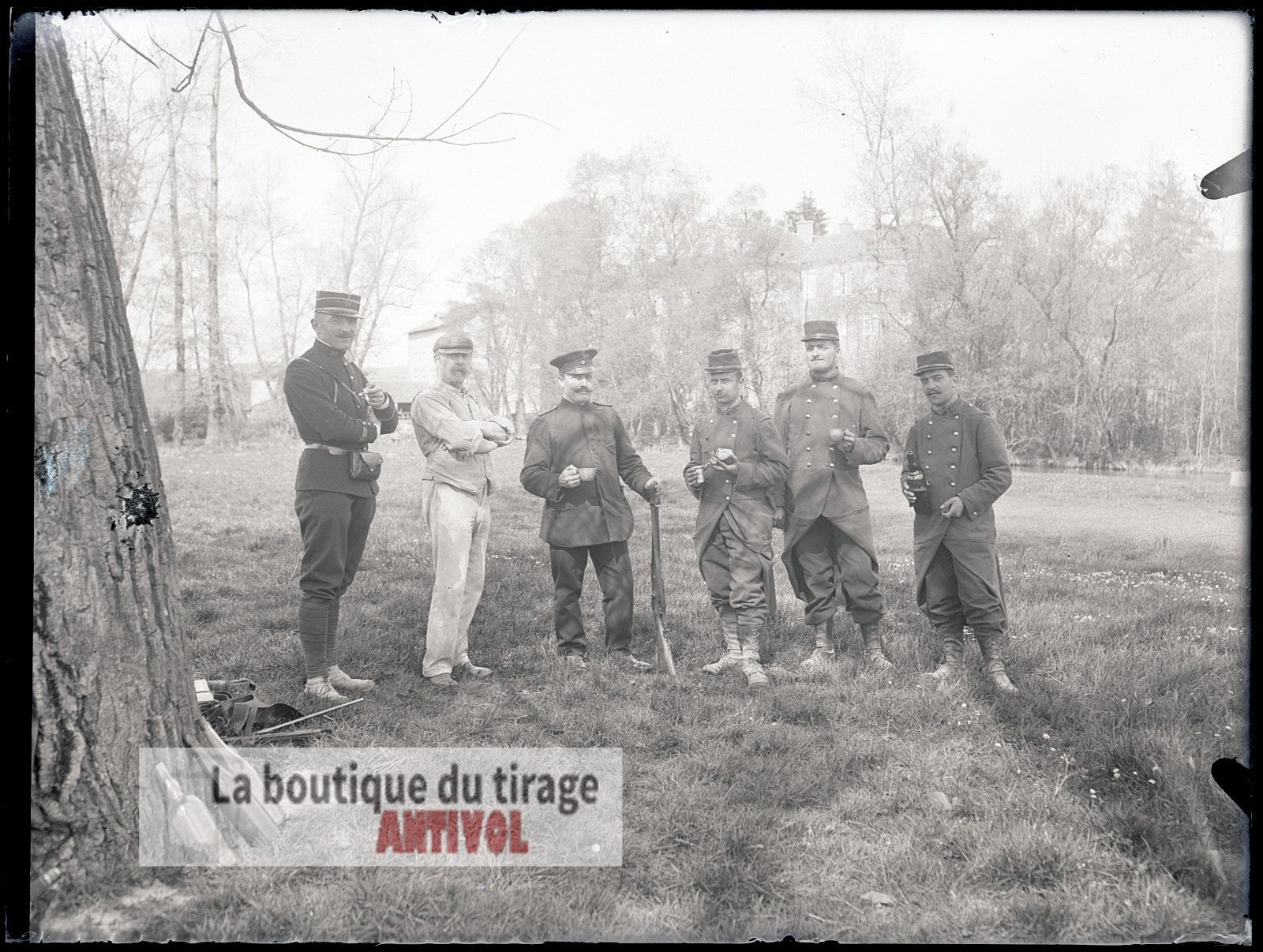 Soldats français et douanier, WW1, plaque verre, photo ancienne, négatif 9x12 cm