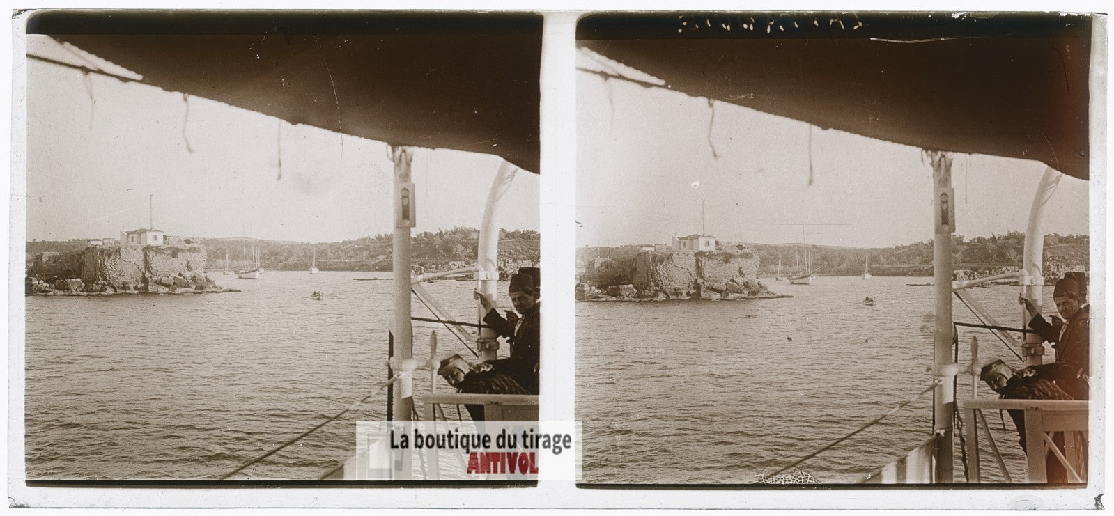 Bateau, Mer Méditerranée, plaque de verre, photo ancienne stéréo 6x13 cm