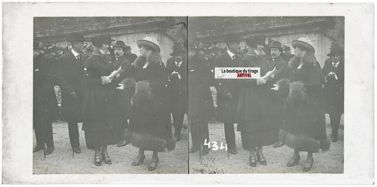 Scène de vie, Longchamp, Paris, plaque verre stéréoscopique, positif 8,5x17 cm