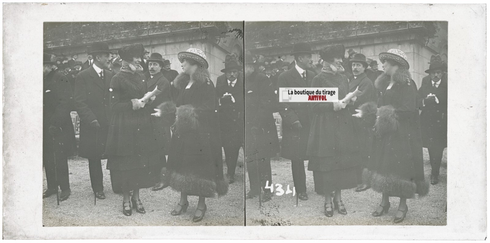 Scène de vie, Longchamp, Paris, plaque verre stéréoscopique, positif 8,5x17 cm