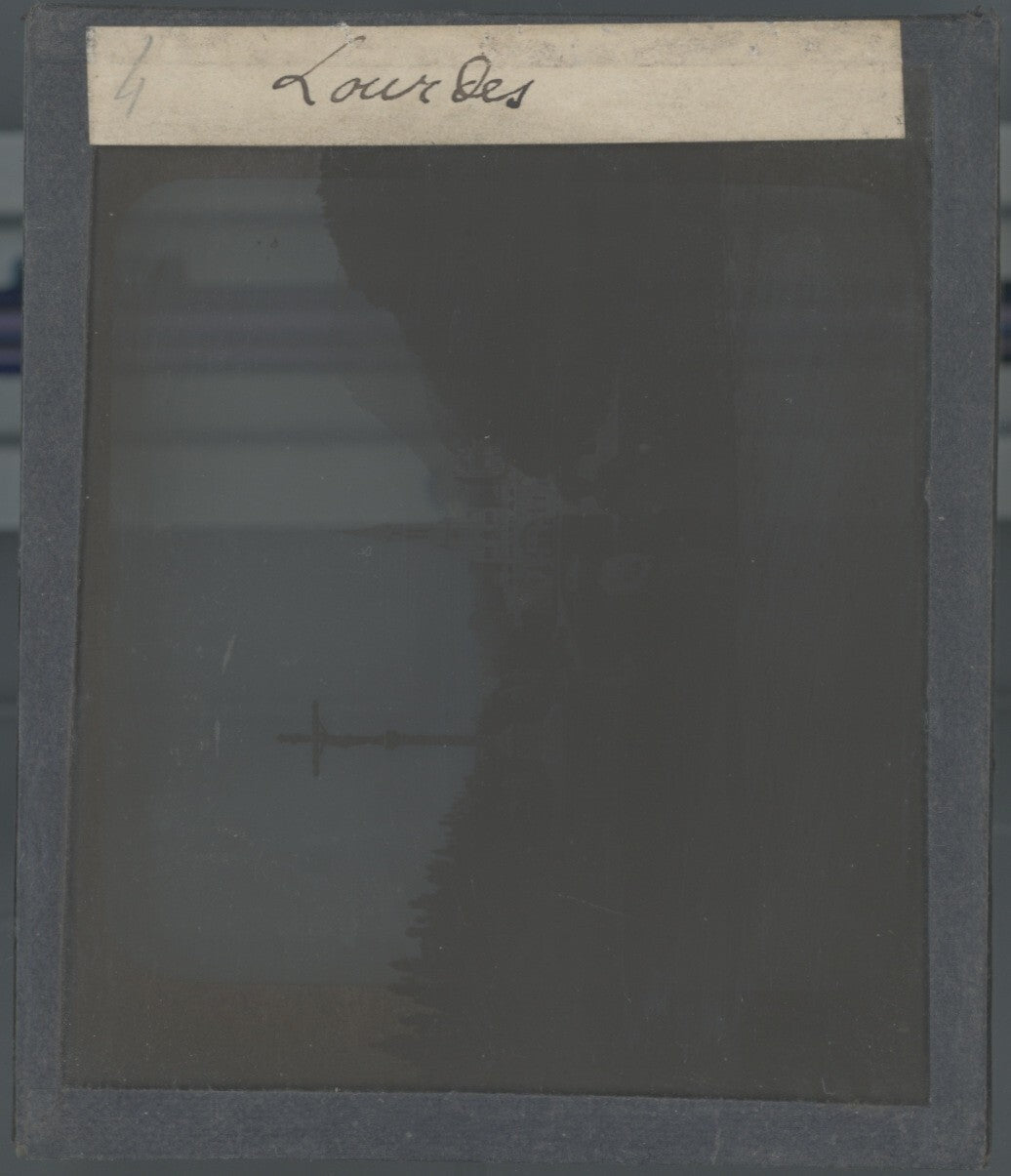 Basilique, Lourdes, photo plaque verre, noir et blanc, positif 8,5x10 cm