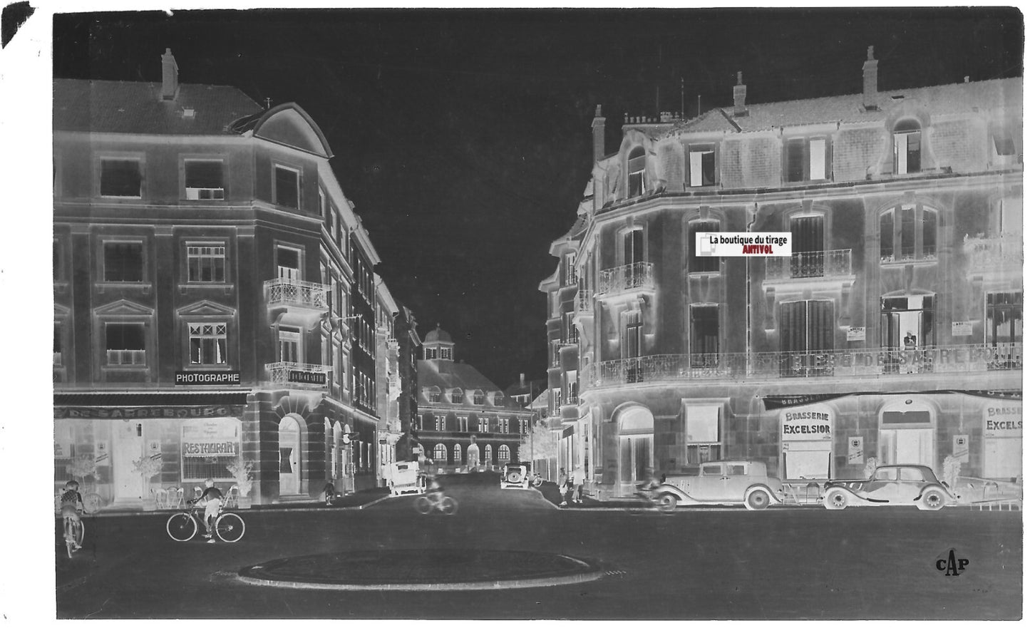 Plaque verre photo, négatif noir & blanc 9x14 cm, Sarrebourg, place de la gare