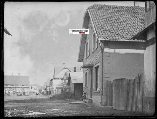 Hindisheim, épicerie, Plaque verre photo ancienne, négatif noir & blanc 9x12 cm