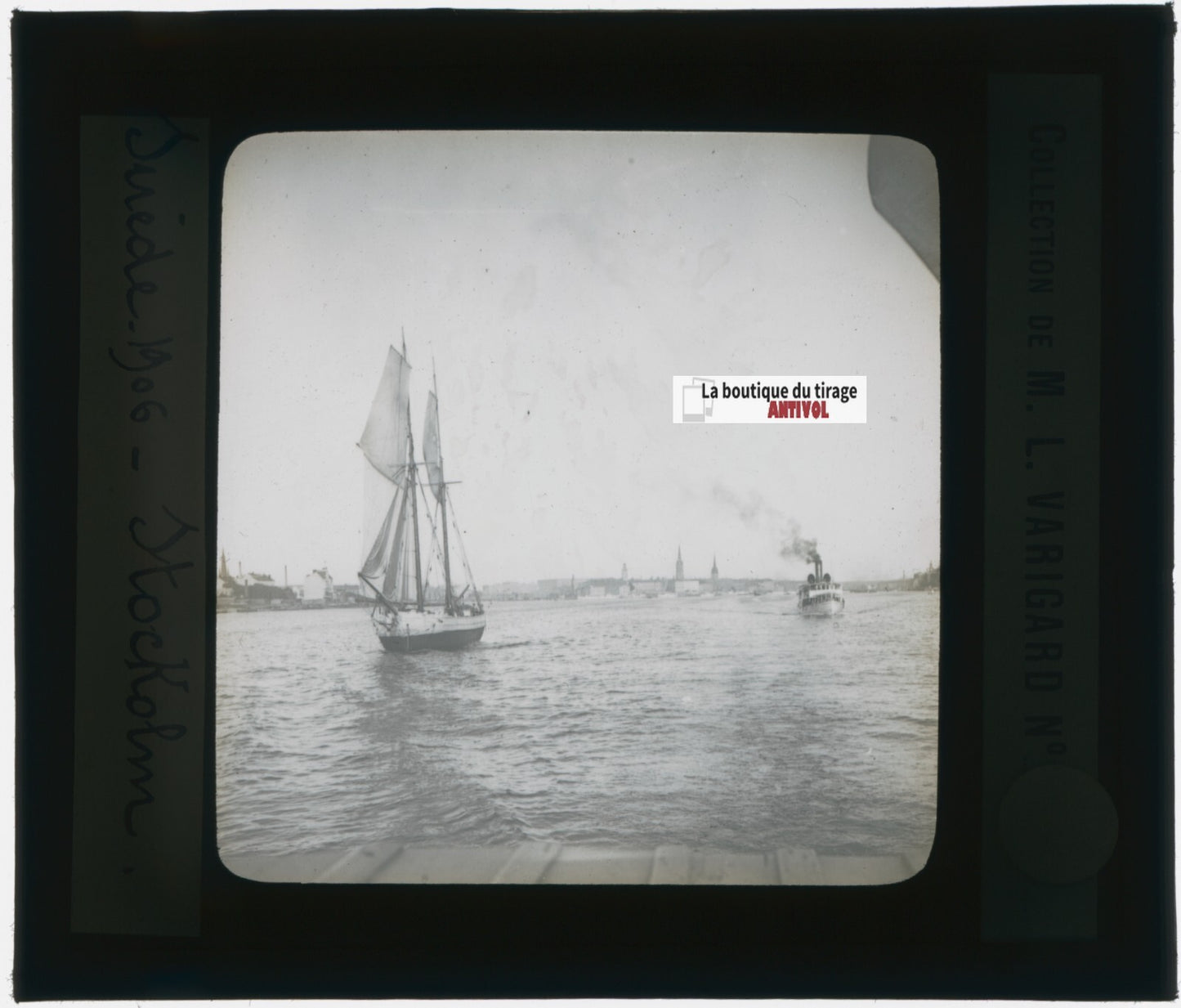 Stockholm, Suède, bateaux, photo plaque verre, noir & blanc, positif 8,5x10 cm