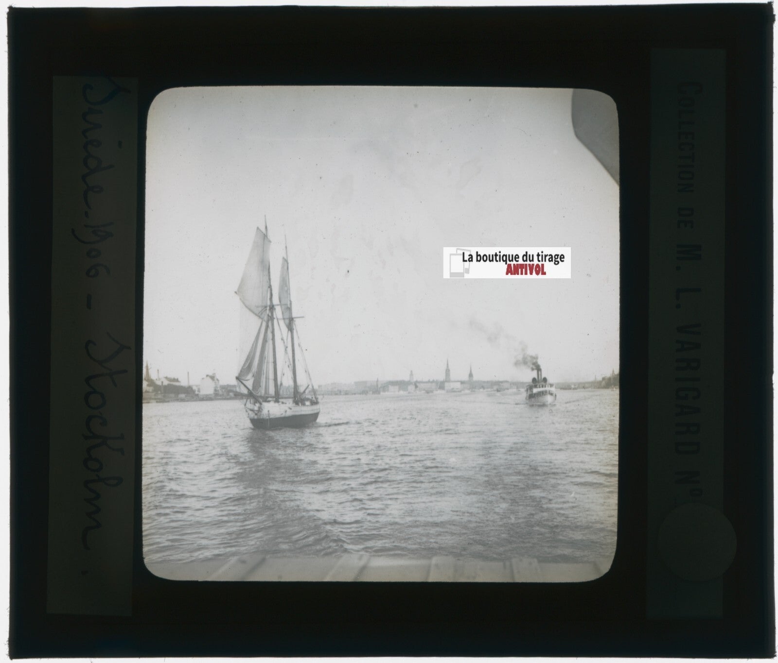 Stockholm, Suède, bateaux, photo plaque verre, noir & blanc, positif 8,5x10 cm