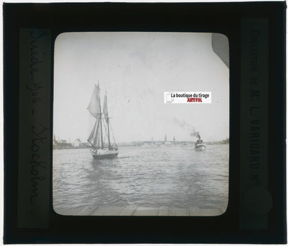 Stockholm, Suède, bateaux, photo plaque verre, noir & blanc, positif 8,5x10 cm