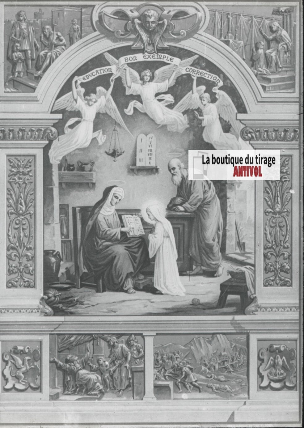 Scène religieuse, catéchisme, dessin peinture, plaque verre, positif 8,5x10 cm