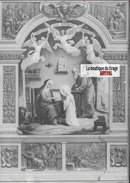 Scène religieuse, catéchisme, dessin peinture, plaque verre, positif 8,5x10 cm