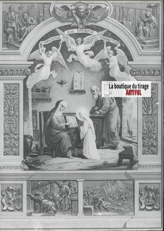 Scène religieuse, catéchisme, dessin peinture, plaque verre, positif 8,5x10 cm