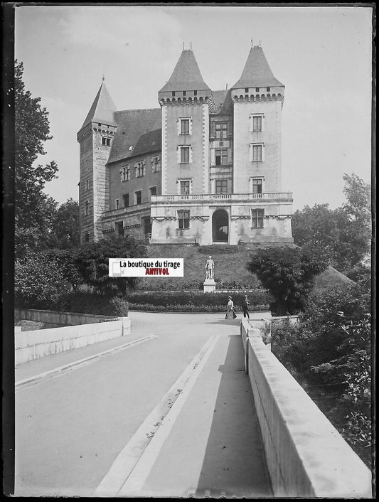 Château de Pau, Plaque verre photo ancienne, négatif noir & blanc 9x12 cm France