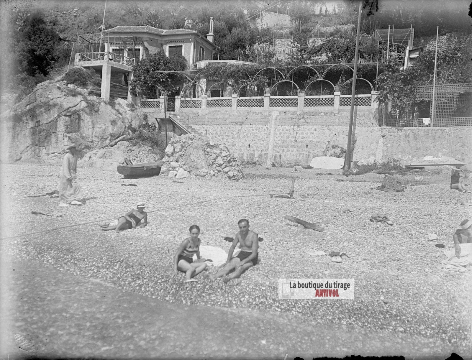 Baigneurs, plage Côte d’Azur, plaque verre photo ancienne, négatif 9x12 cm