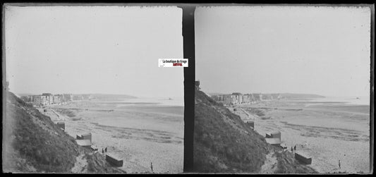 Plage Wimereux, Plaque verre photo stéréoscopique négatif noir & blanc 6x13 cm