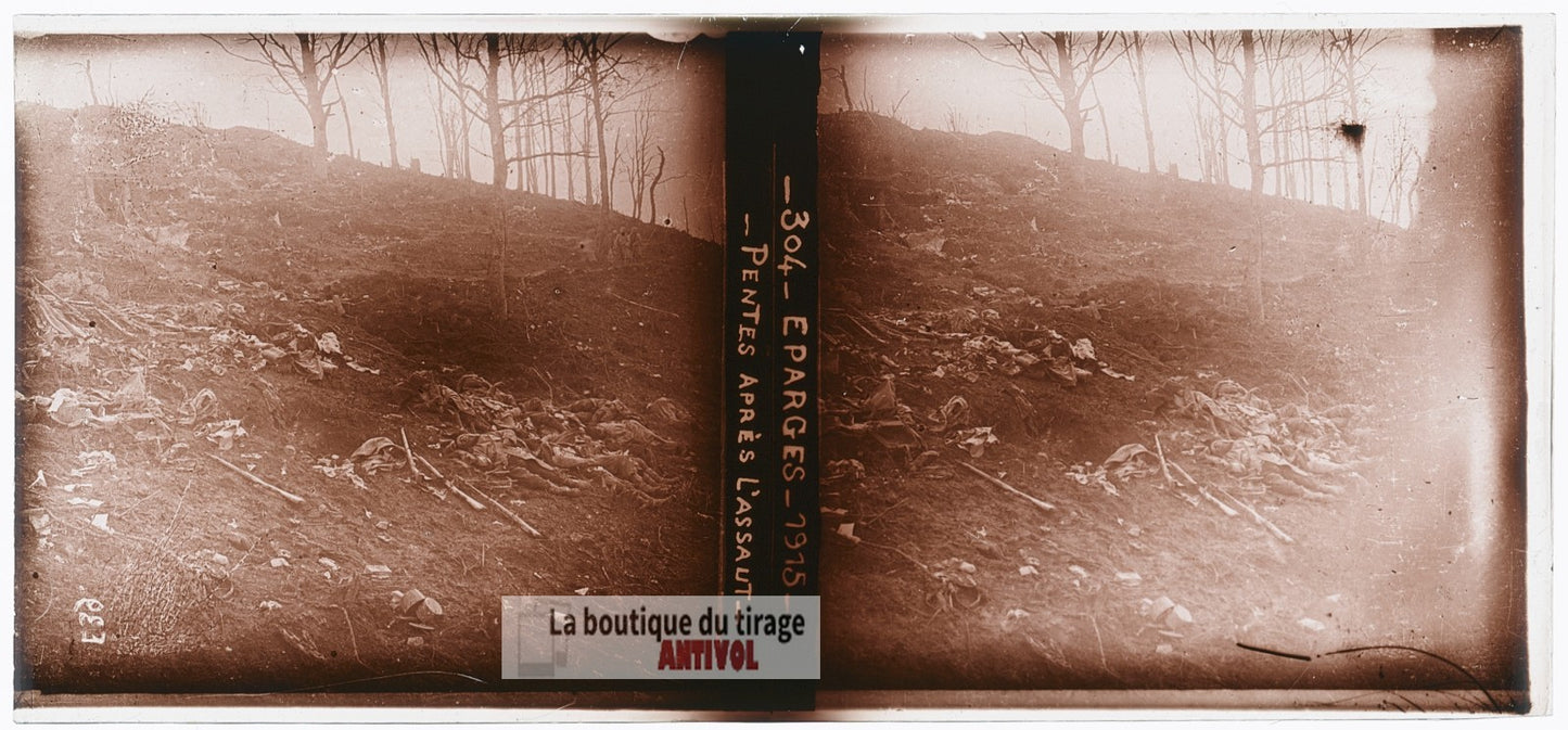 Éparges 1915, assaut, guerre WW1, plaque verre photo ancienne stéréo 6x13 cm