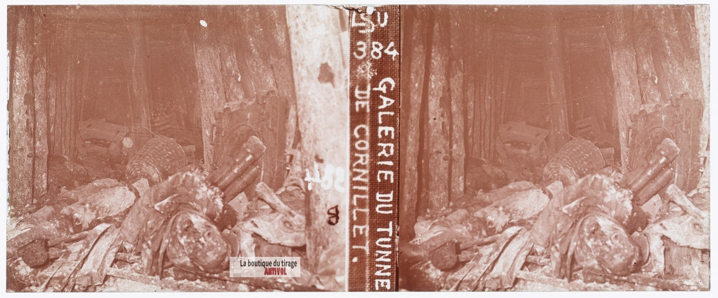 Tunnel de Cornillet, guerre WW1, plaque verre stéréo, photo 4,5x10,7 cm