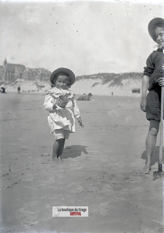 Berck-sur-Mer, enfants plage, plaque verre photo ancienne, négatif 9x12 cm