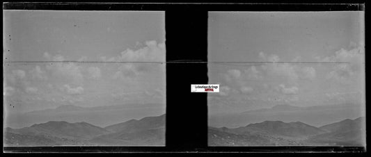 Mer, montagne, Plaque verre photo stéréo, négatif noir & blanc 4,5x10,7 cm