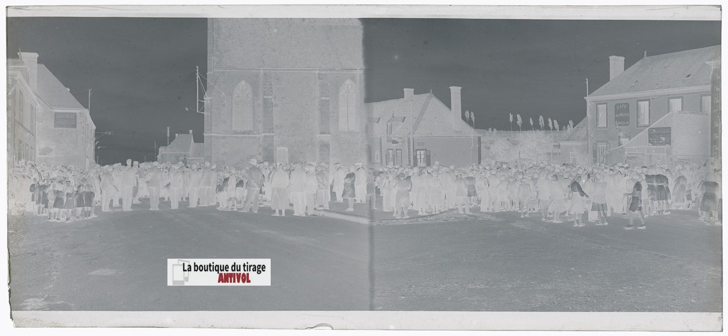 Fête de village, France, plaque verre, photo ancienne, négatif N&B 6x13 cm
