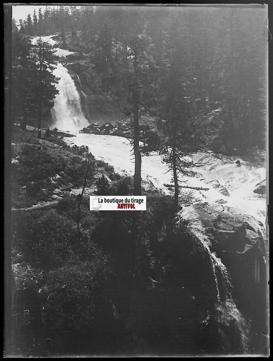 Pyrénées, cascade, Cauterets, Plaque verre photo, négatif noir & blanc 9x12 cm