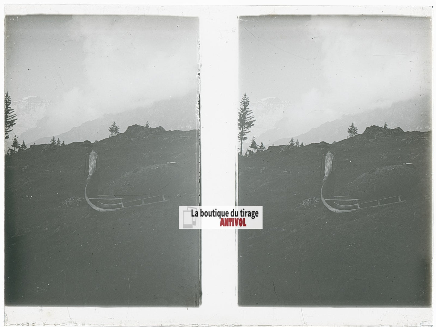 Montagnard, Alpes Suisse, stéréo photo plaque verre, noir & blanc, 9x12 cm