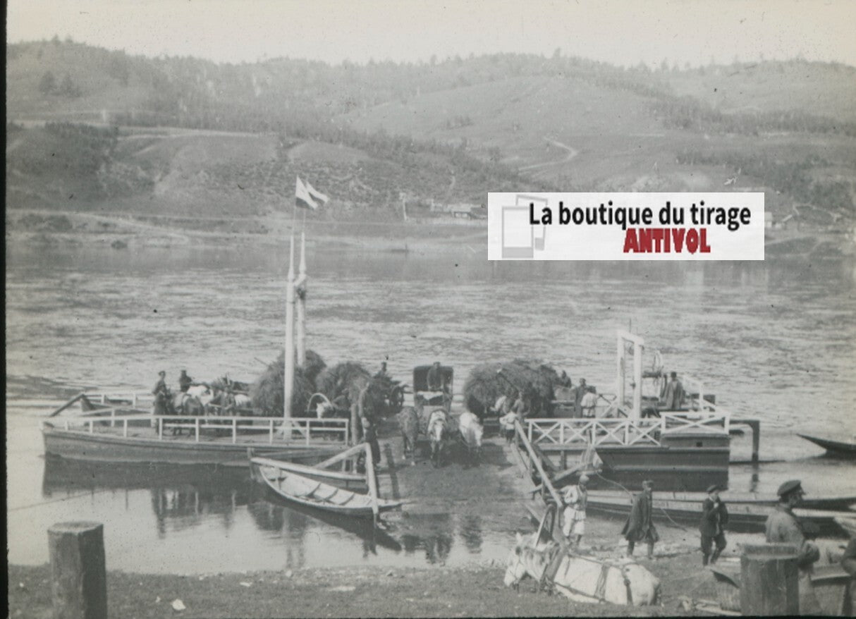 Bateau, Sretensk, Russie, photo plaque verre, noir & blanc, positif 8,5x10 cm