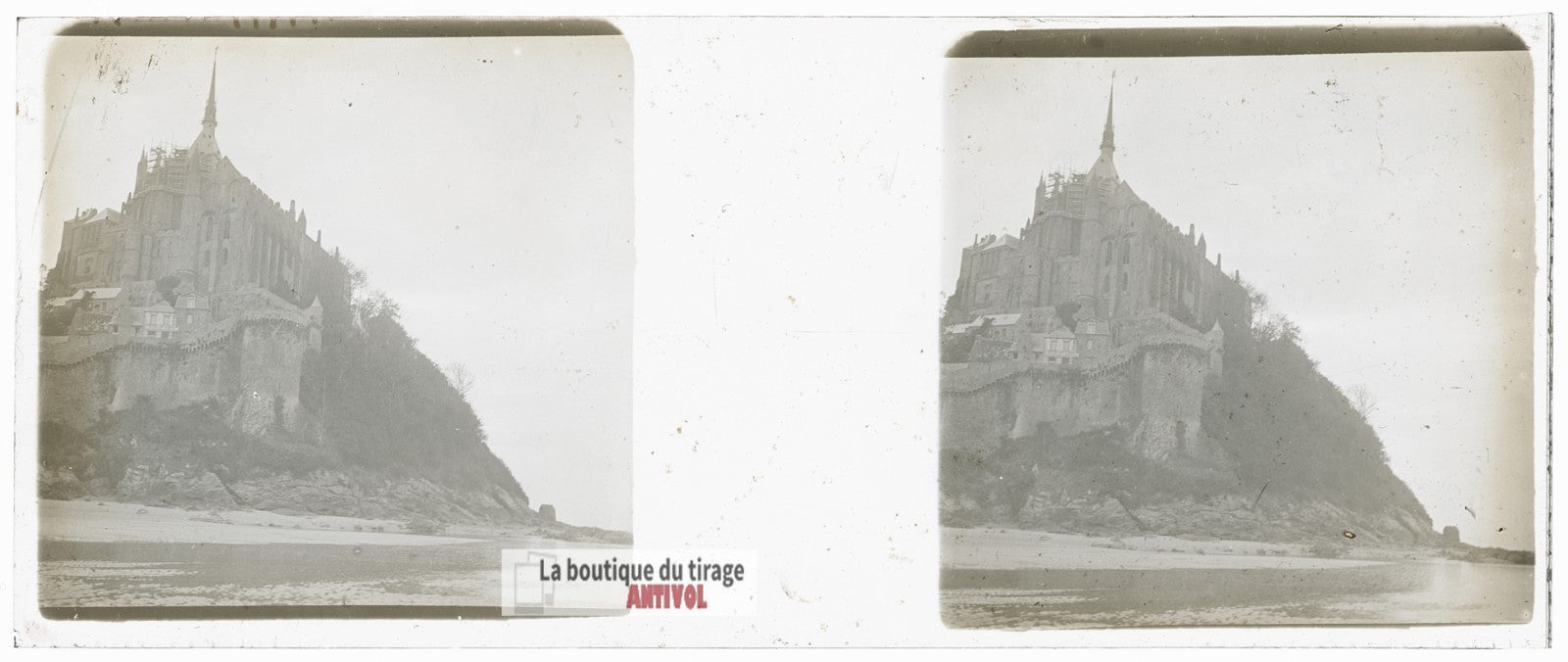 Mont-Saint-Michel, Normandie, plaque verre stéréo, photo ancienne 4,5x10,7 cm