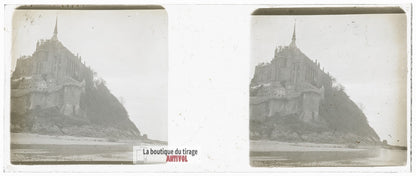 Mont-Saint-Michel, Normandie, plaque verre stéréo, photo ancienne 4,5x10,7 cm