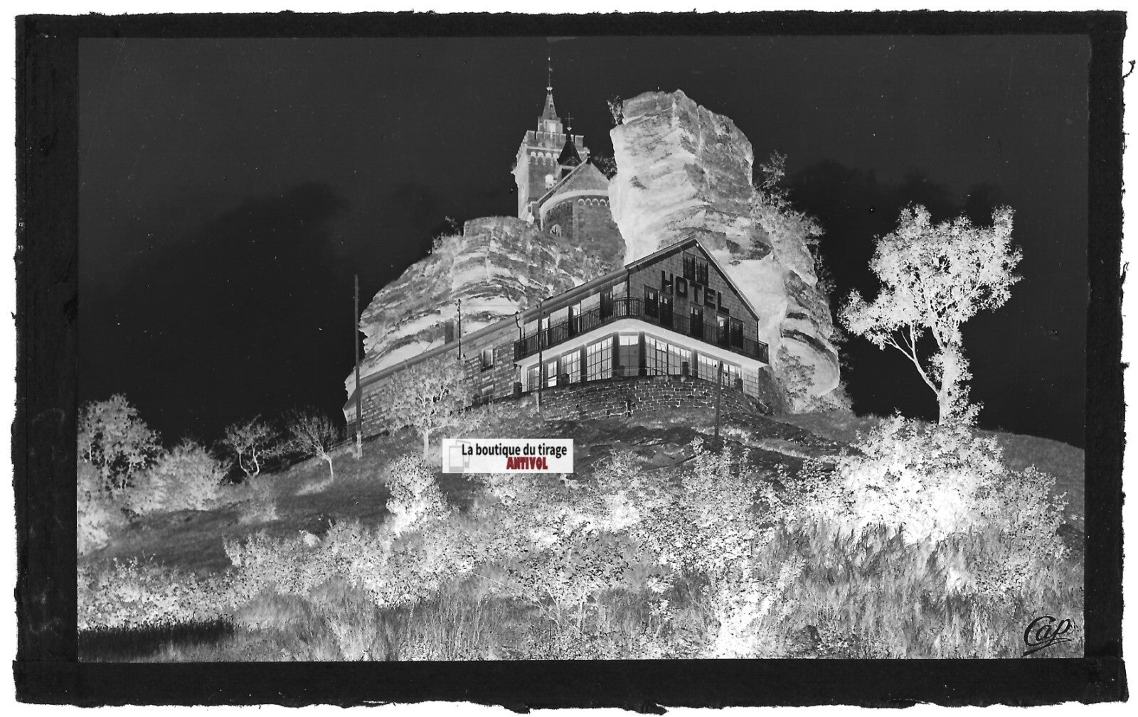 Plaque verre photo, négatif noir & blanc 9x14 cm, Dabo, Chapelle et hôtel