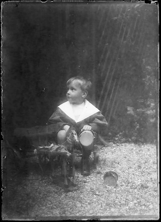 Plaque verre photo négatif noir et blanc 6x9 cm enfant petit cheval glass plate 