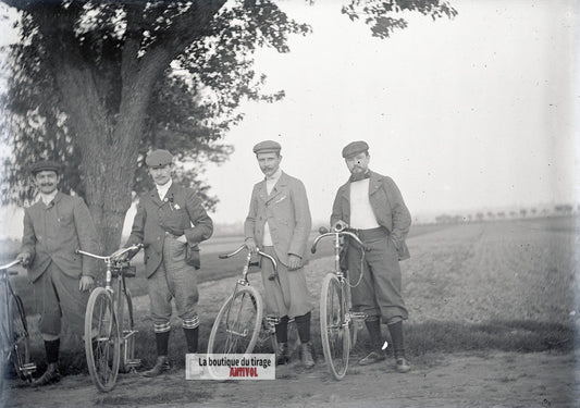 Cyclistes promenade, vélos France, plaque verre photo ancienne, négatif 9x12 cm
