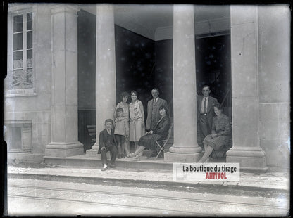 Portrait de famille, personnages, plaque verre photo ancienne, négatif 9x12 cm