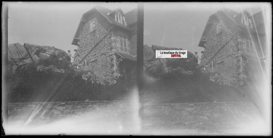 Normandie, maison village, stéréoscopie plaque ancienne verre, négatif 9x18 cm