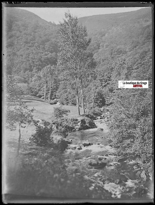 Pyrénées, rivière, Plaque verre photo ancienne, négatif noir & blanc 9x12 cm