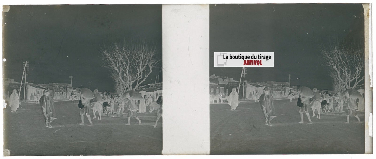 Marché, Maghreb, Plaque verre stéréoscopie, négatif noir & blanc 4,5x10,7 cm