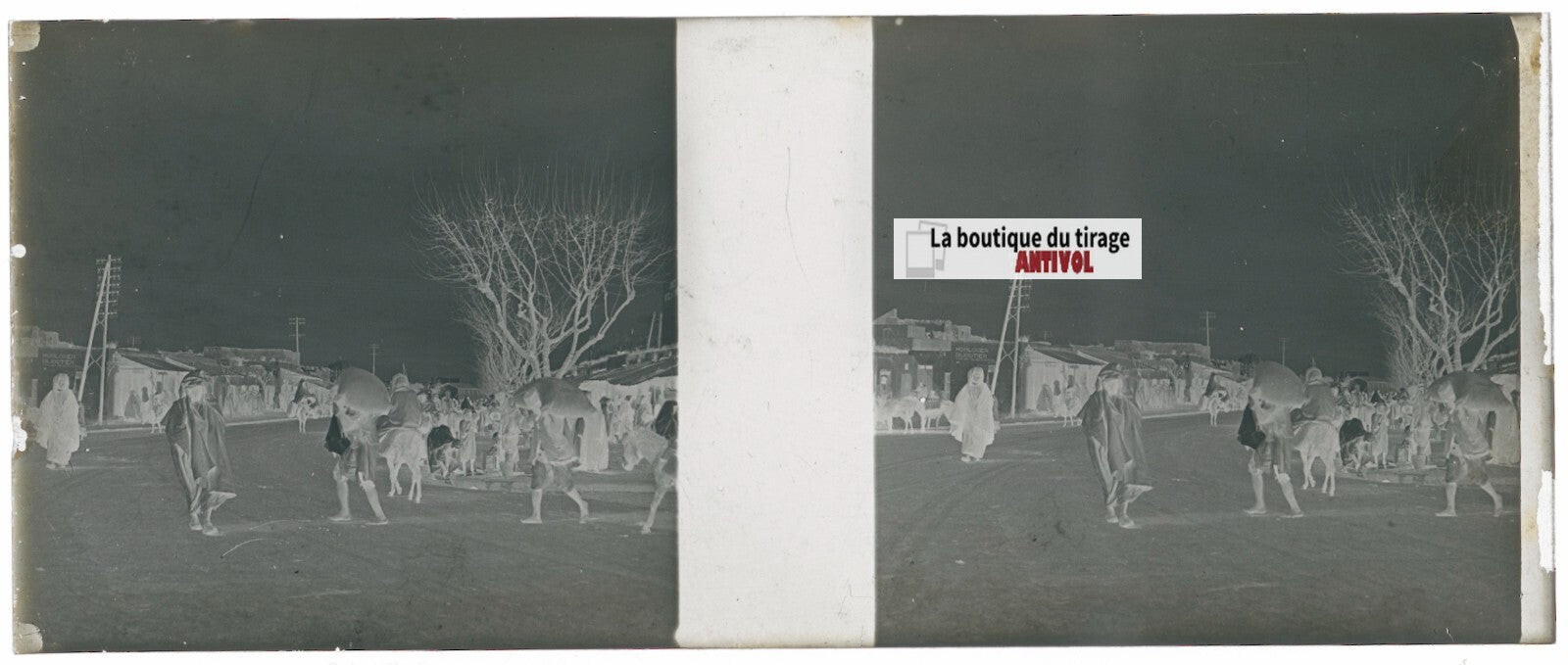 Marché, Maghreb, Plaque verre stéréoscopie, négatif noir & blanc 4,5x10,7 cm