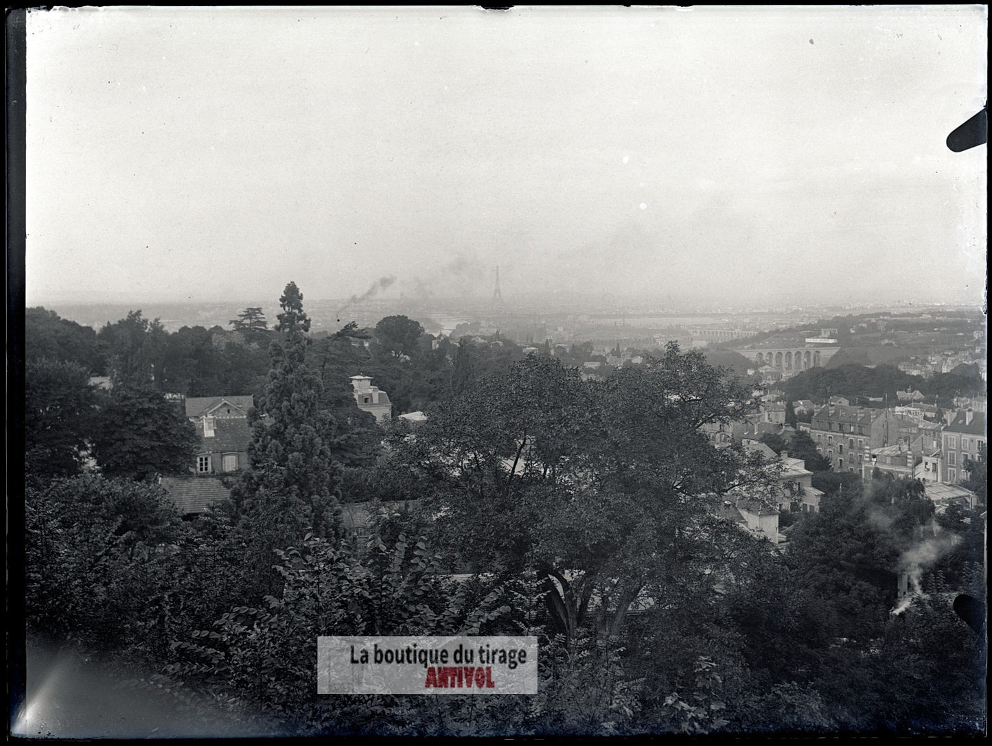 Vue sur Paris depuis Meudon, plaque verre, photo ancienne, négatif 9x12 cm