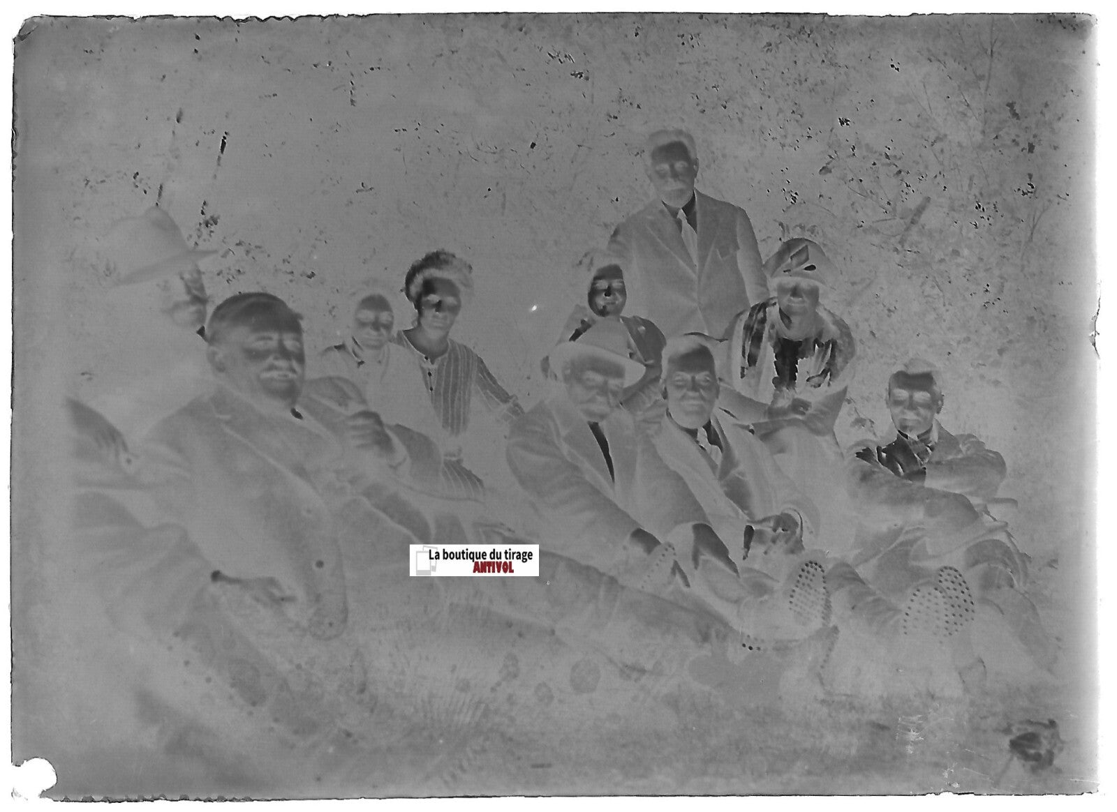 Campagne, famille, Plaque verre photo ancienne, négatif noir & blanc 6x9 cm