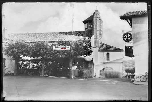 Eglise de Bidart, Plaque verre photo ancienne, négatif noir & blanc 10x15 cm