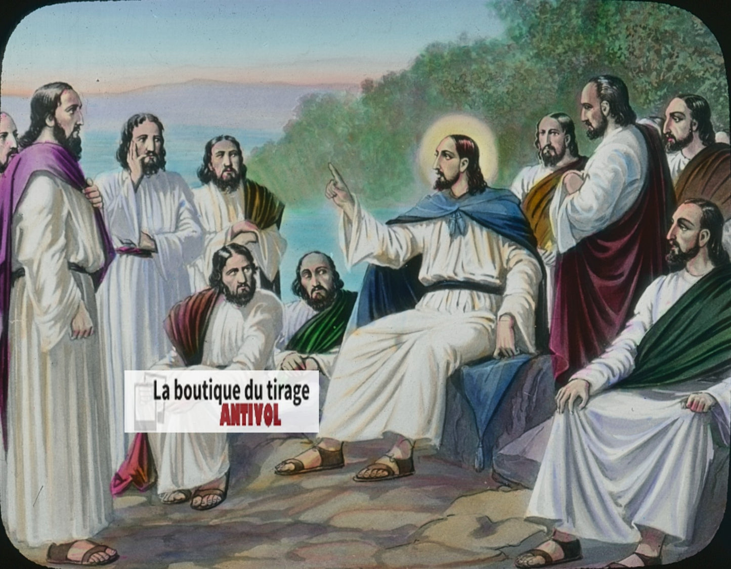 Instructions aux apôtres, dessin, plaque verre ancienne, couleur 8,5x10 cm