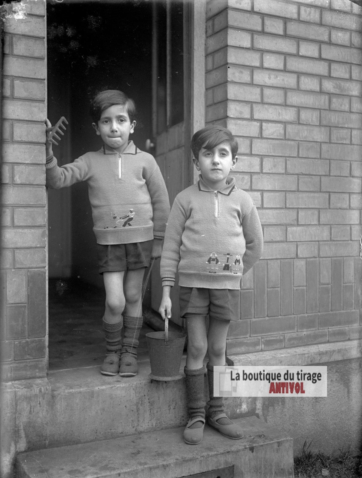 Portrait de deux jeunes garçons, plaque verre photo ancienne, négatif 9x12 cm