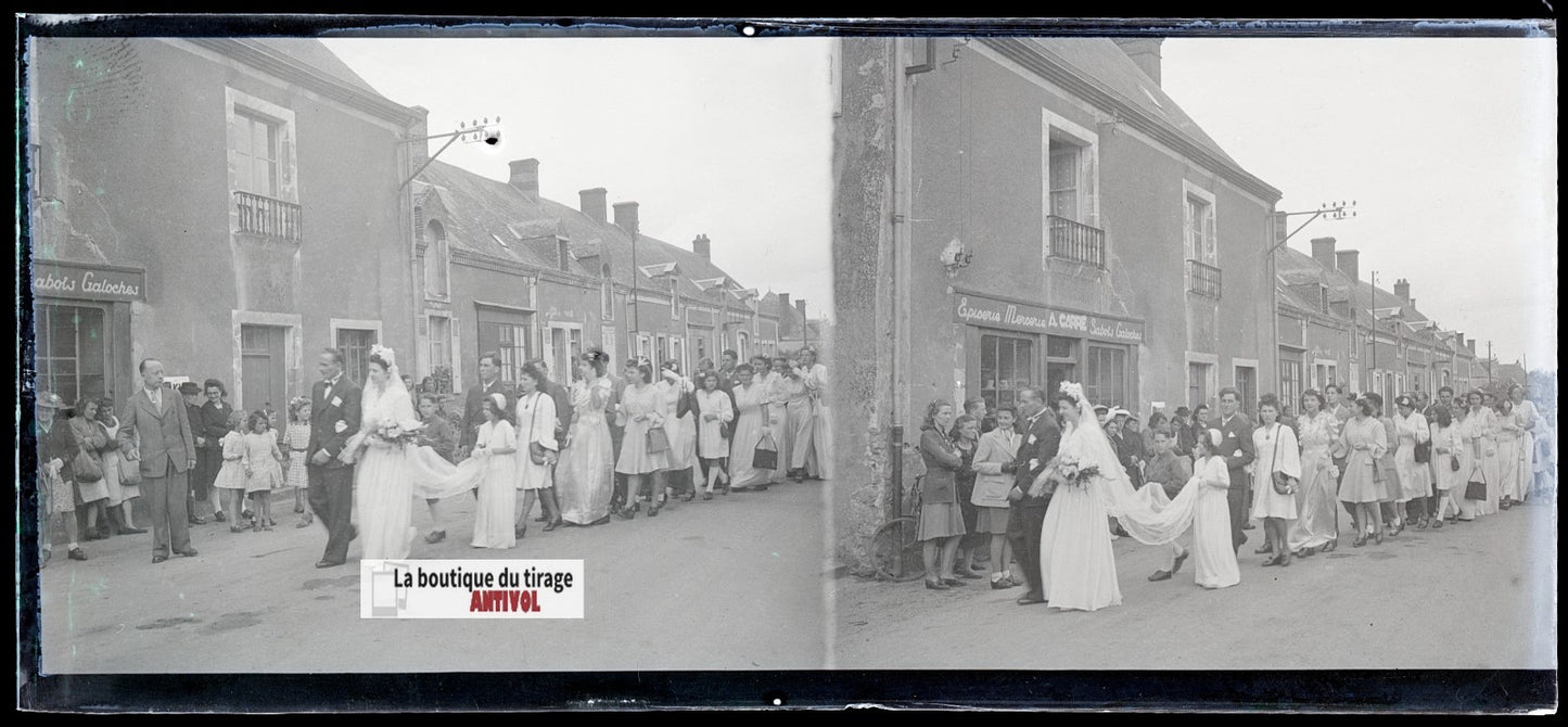 Mariage, village France, plaque verre, photo ancienne, négatif N&B 6x13 cm