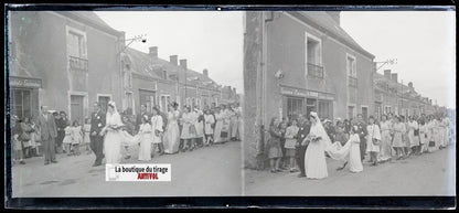 Mariage, village France, plaque verre, photo ancienne, négatif N&B 6x13 cm
