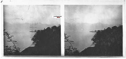 Lac, village, paysage, Plaque verre photo stéréo, positif noir & blanc 6x13 cm