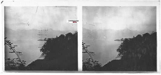 Lac, village, paysage, Plaque verre photo stéréo, positif noir & blanc 6x13 cm