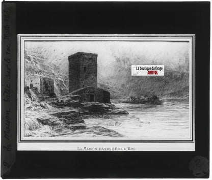 Matthieu, scène religieuse, dessin peinture plaque de verre, positif 8,5x10 cm