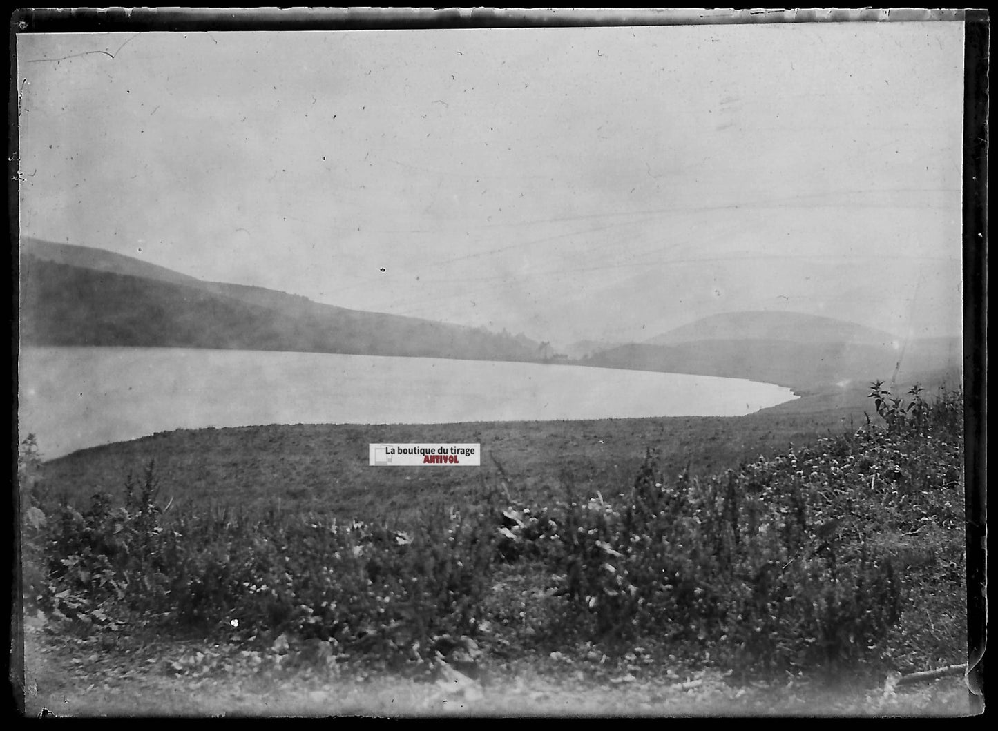 Plaque verre photo ancienne négatif noir et blanc 6x9 cm lac eau France vintage 