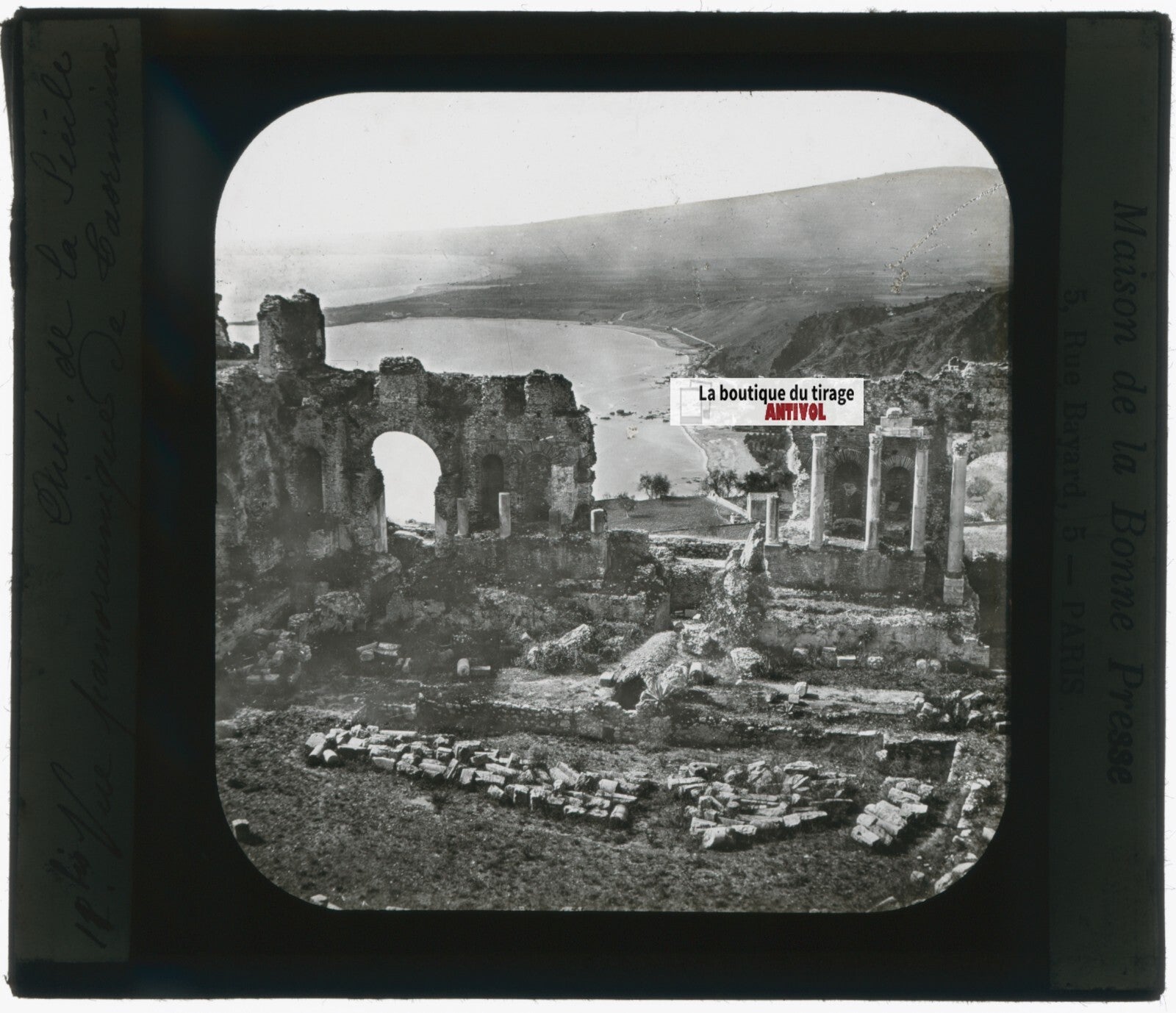Théâtre de Taormine, Italie, photo plaque verre, noir & blanc, positif 8,5x10 cm