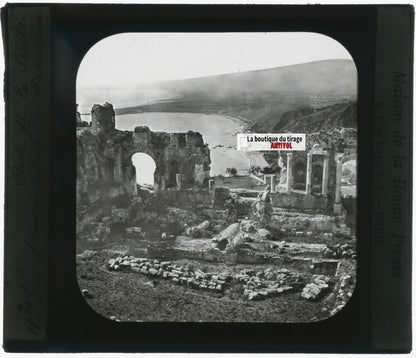 Théâtre de Taormine, Italie, photo plaque verre, noir & blanc, positif 8,5x10 cm