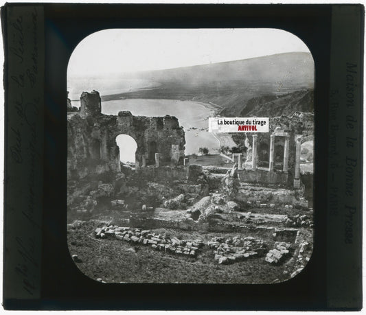 Théâtre de Taormine, Italie, photo plaque verre, noir & blanc, positif 8,5x10 cm