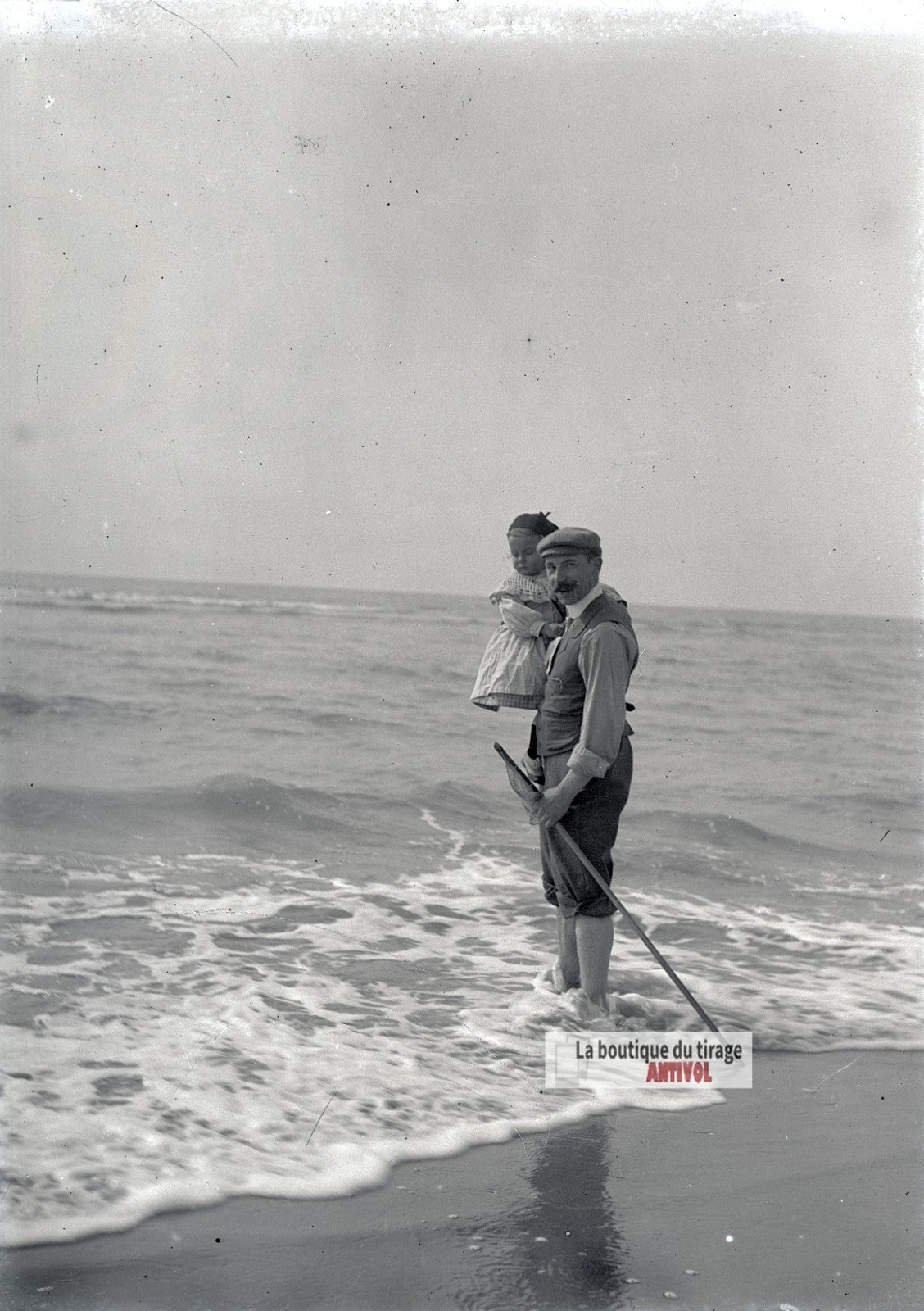 Homme, enfant, mer, Berck-Plage, plaque verre photo ancienne, négatif 9x12 cm